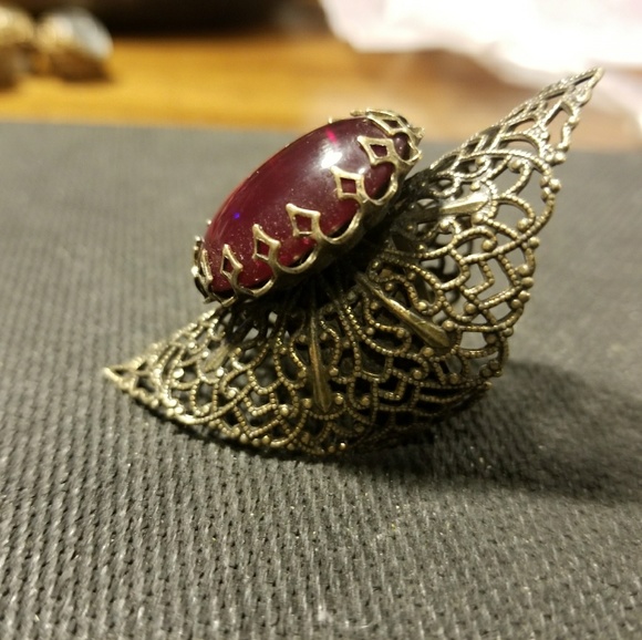 Victorian Filigree Jelly Cabachon Finger Ring Wow! - Picture 2 of 4